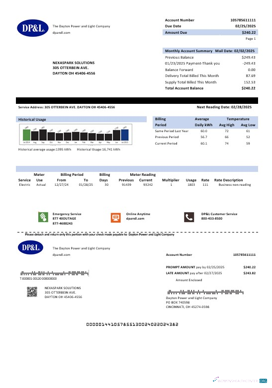 Download USA Ohio DP&L business utility bill template in Word and PDF formats Photoshop template